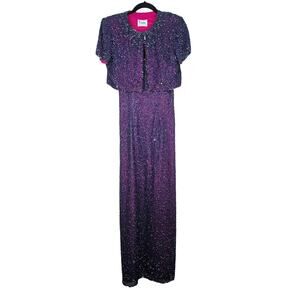 Vintage Sean Collection M Purple Full Length Beaded Formal Gown Dress Silk Glam